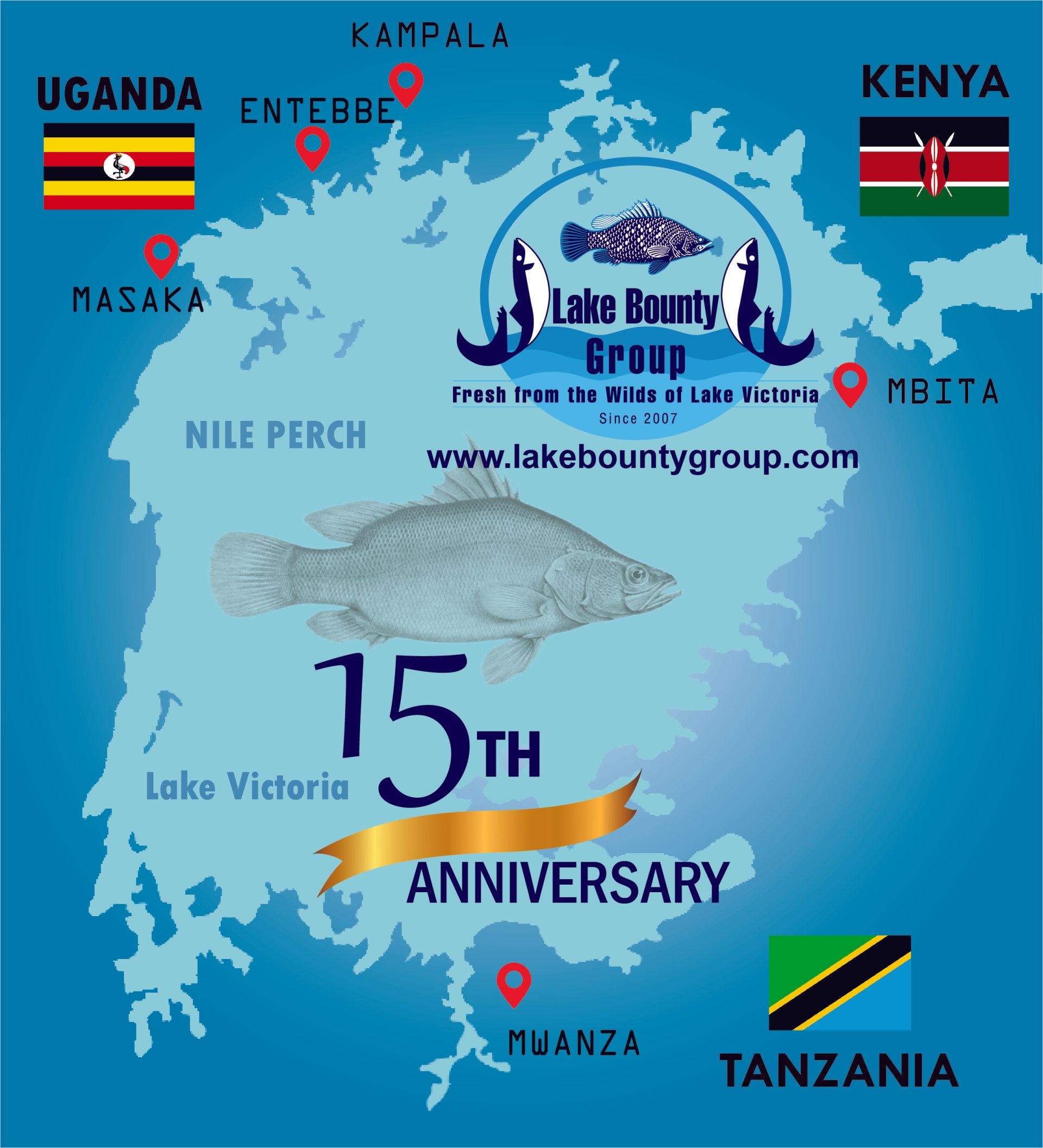 A Lake Bounty Group 15th anniversary graphic featuring a map of Lake Victoria, Nile perch, and Ugandan, Kenyan, and Tanzanian flags.