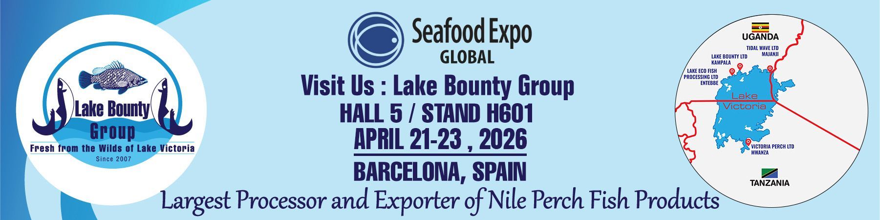 Banner for Lake Bounty Group at Seafood Expo Global in Barcelona, May 6-8, 2025, Hall 5, Stand 1601.