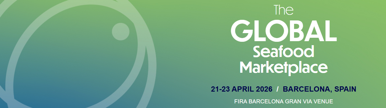 The Global Seafood Marketplace event banner in Barcelona, Spain, taking place May 6-8, 2025 on a green and blue background.