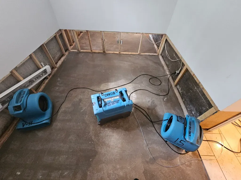 Trois ventilateurs bleus dans une pièce à la charpente apparente, asséchant l'espace après un potentiel dégât des eaux.