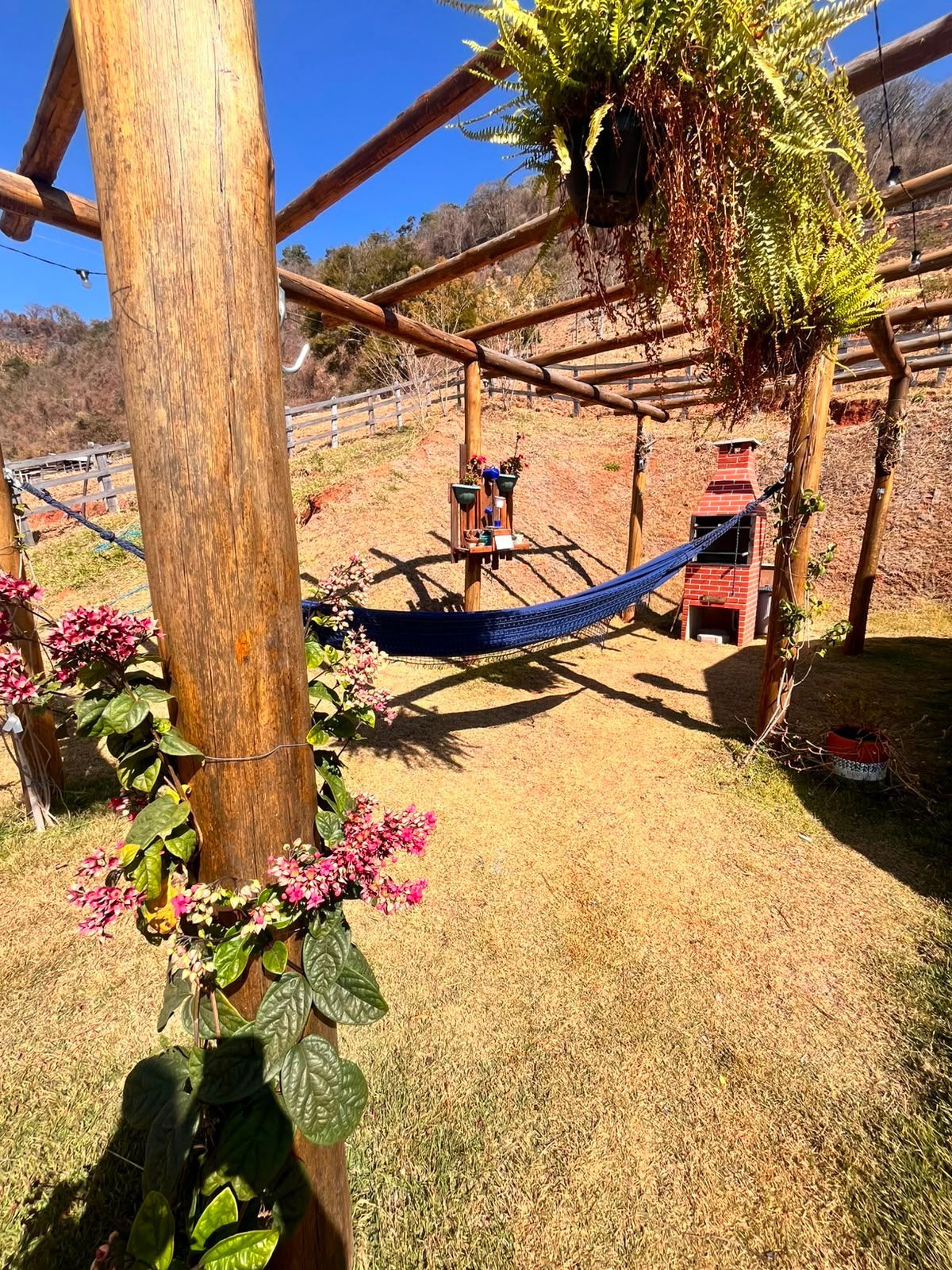Pessoa relaxando em uma rede sob uma pérgola de madeira em uma área ensolarada do jardim.