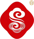 Red logo with a white stylized swirling “S” on a rounded red diamond background