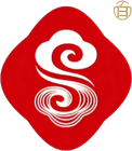 Red logo with a white stylized swirling “S” on a rounded red diamond background