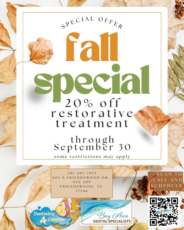 Fall special: 20% off restorative treatment through September 30, with autumn leaves and QR code.