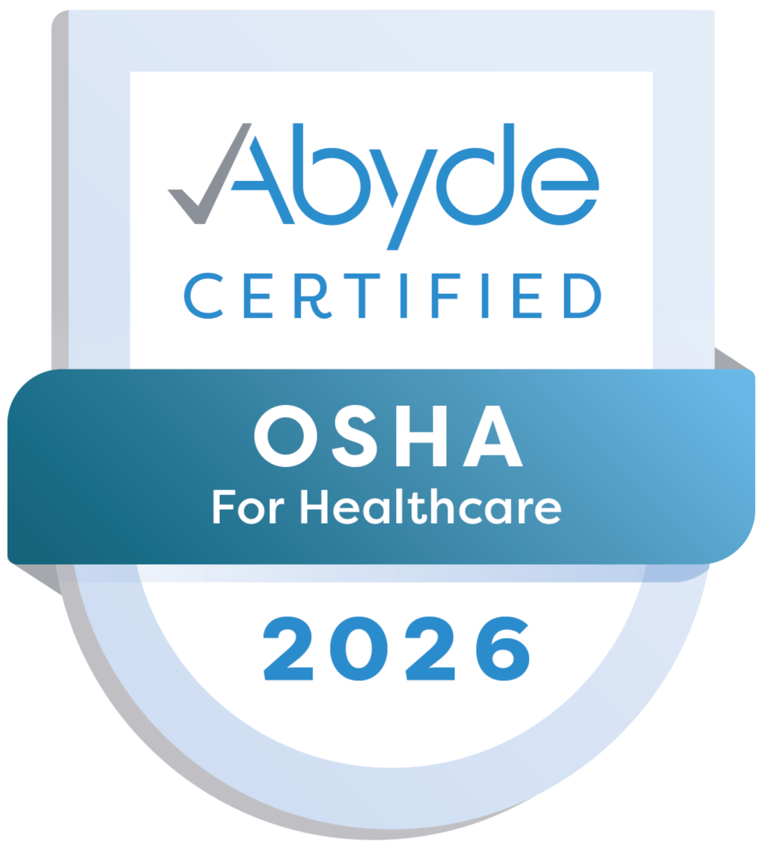 Abbyd CERTIFIED OSHA for Healthcare 2026 badge in blue and white