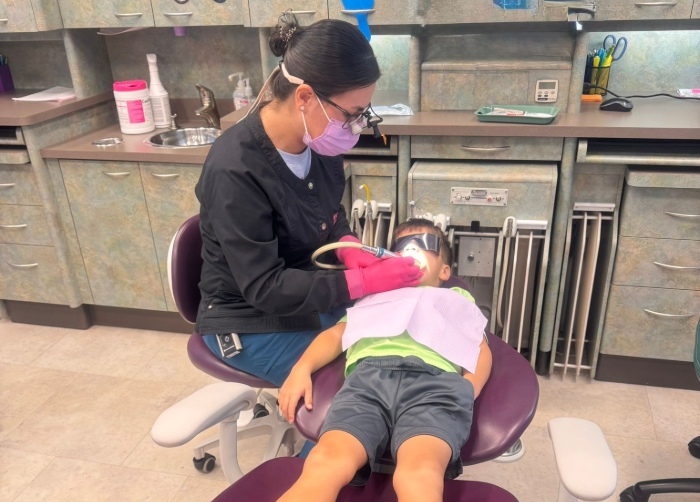 A dentist in a black top and pink gloves works on a child's teeth in a clinical office setting.