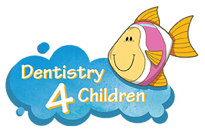 A logo for dentistry 4 children with a smiling fish