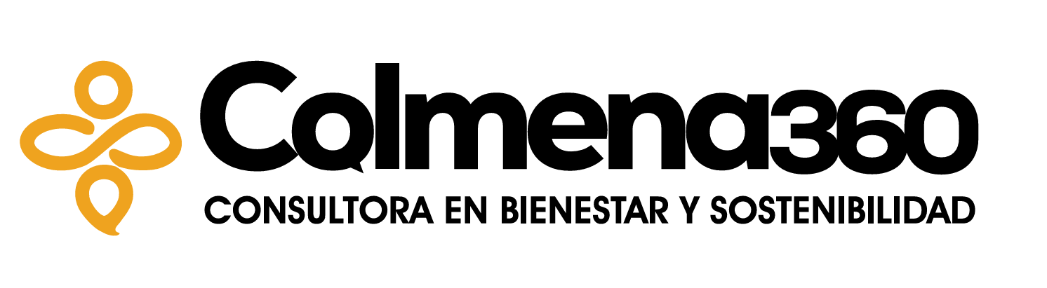 Logo de Colmena360 en negro y naranja, con el lema “Consultora en bienestar y sostenibilidad”.