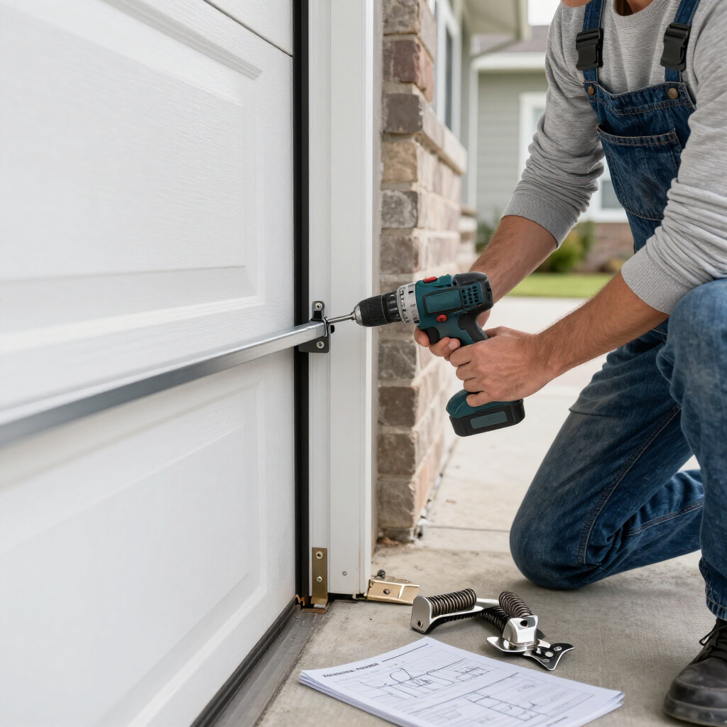 Person using a drill to install a garage door hinge beside tools and instructions