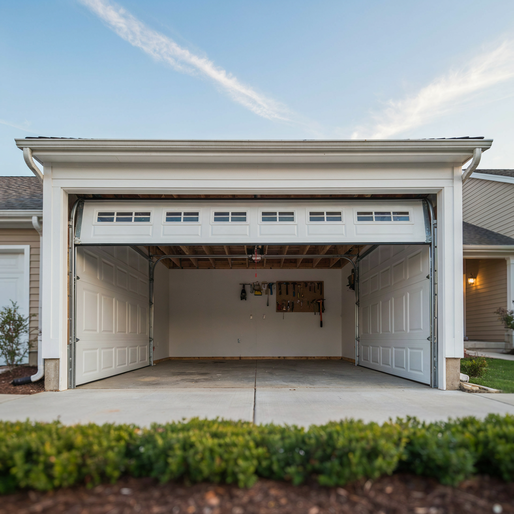 Technician using a power tool to work on a white garage door at a suburban home