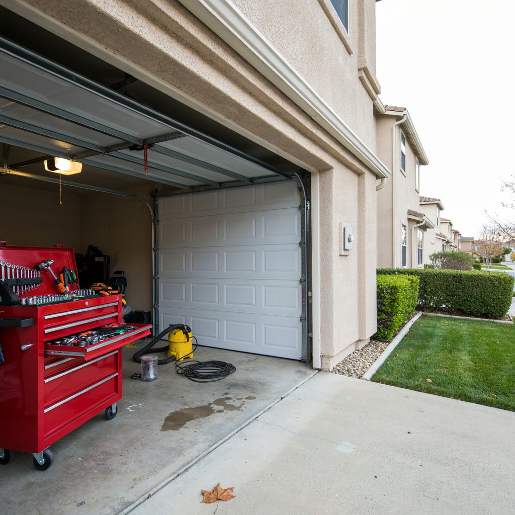 Technician using a power tool to work on a white garage door at a suburban home
