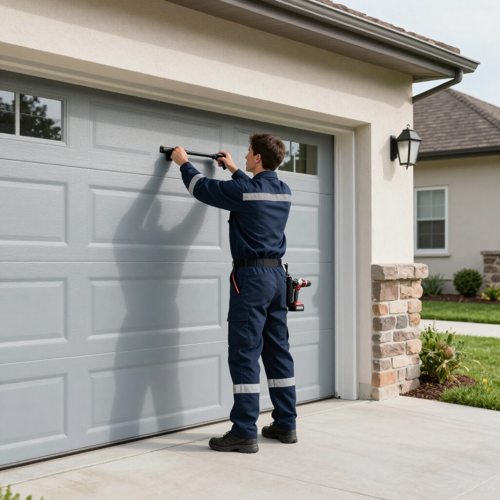 Technician using a power tool to work on a white garage door at a suburban home
