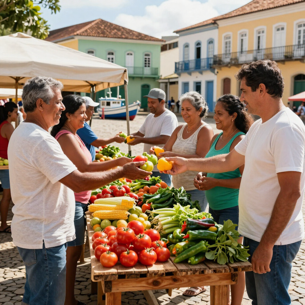 Pessoas trocando produtos em uma barraca de mercado ao ar livre, com frutas e verduras coloridas.