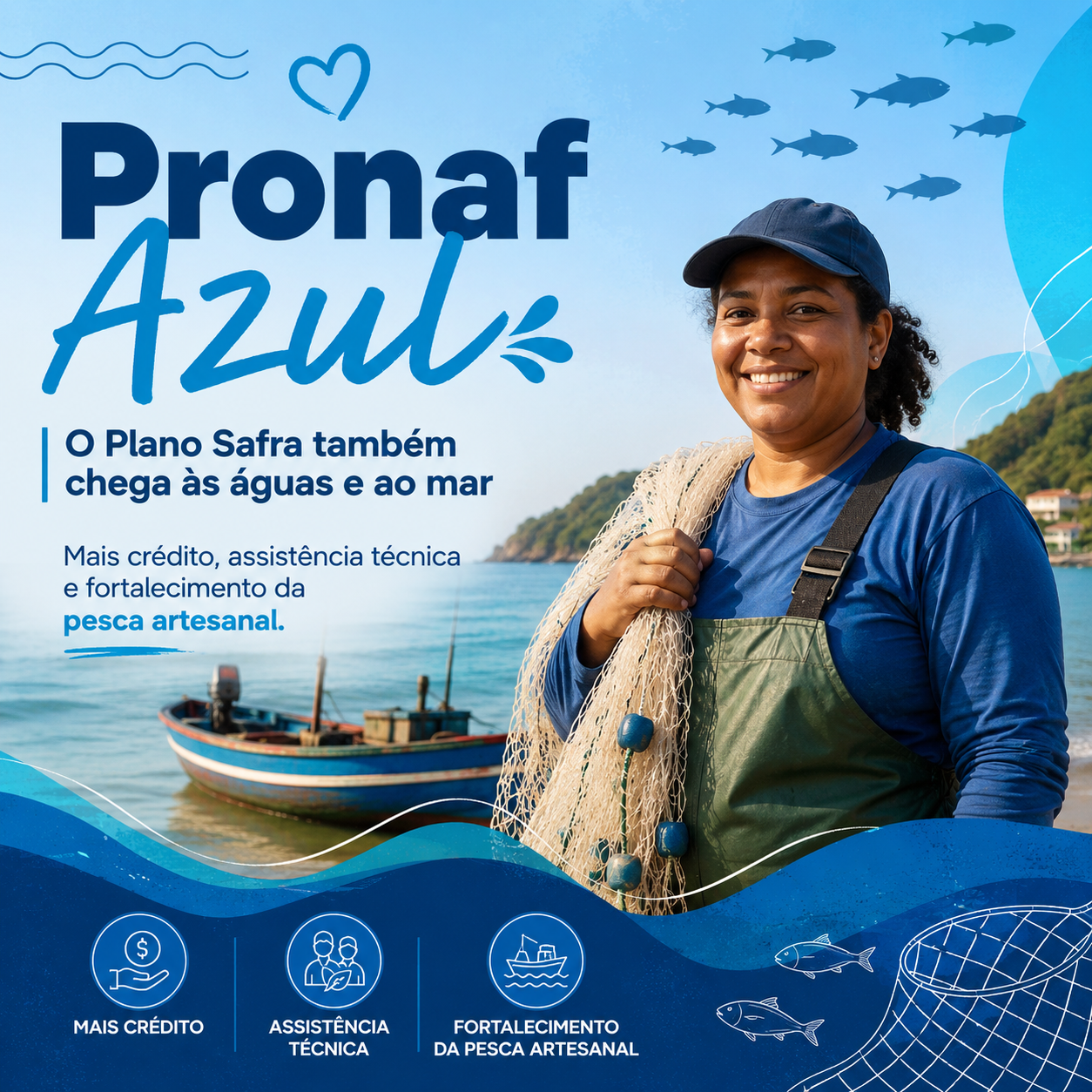 Cartaz azul do Pronaf Azul com pescadora, barco e peixes, destacando apoio à pesca artesanal.