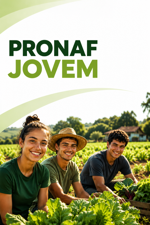 Três pessoas sorrindo em horta, com o texto “PRONAF JOVEM” no topo.