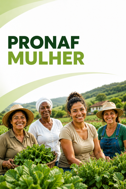 Quatro mulheres sorrindo em um campo de cultivo verde, com o texto “PRONAF MULHER” acima delas.
