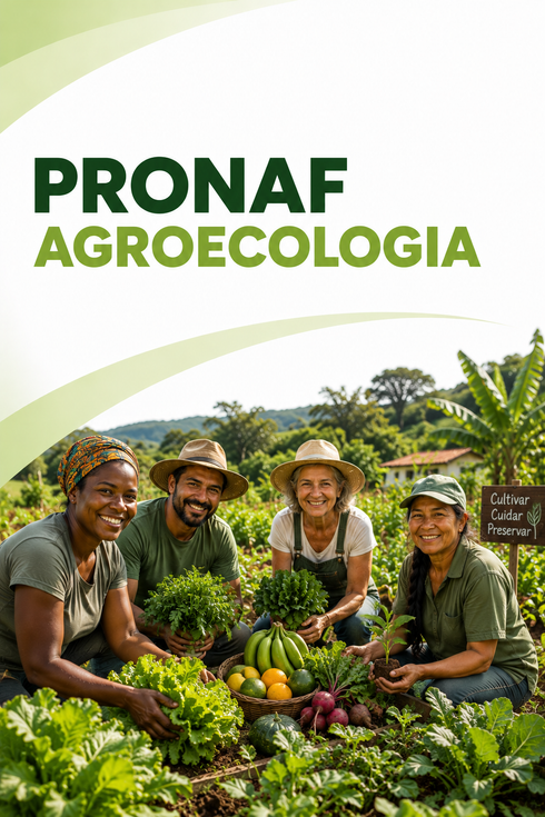 Banner da PRONAF Agroecologia com quatro agricultores sorrindo em um jardim verdejante ao lado de produtos colhidos.