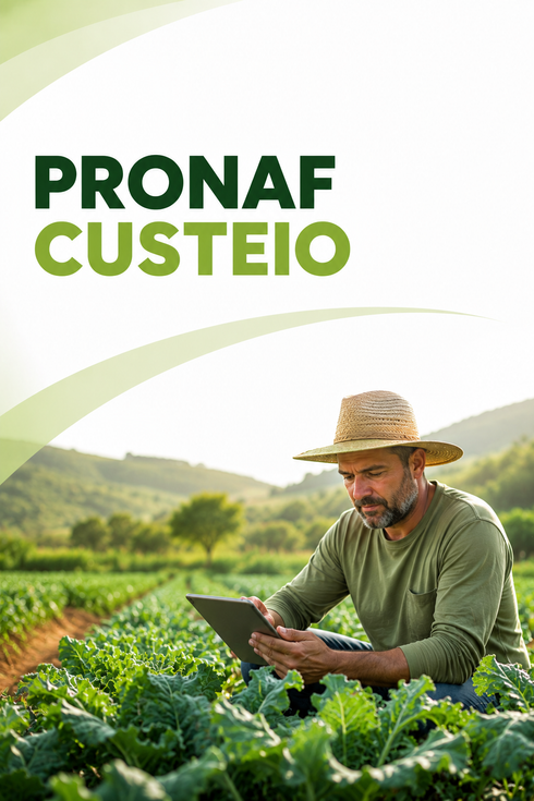 Banner PRONAF Custeio com um agricultor de chapéu de palha usando um tablet em um campo de cultivo verde.