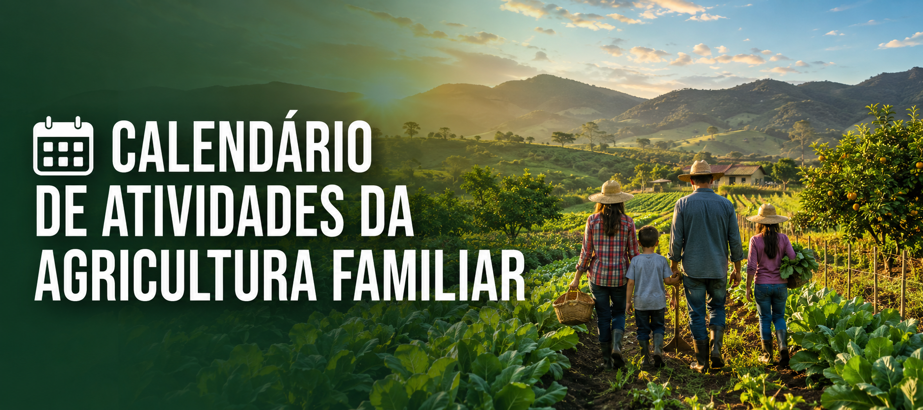 Calendário de atividades da agricultura familiar sobre foto de família em plantação ao pôr do sol