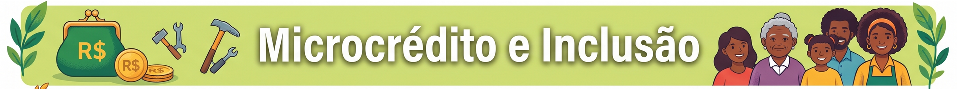 Banner amarelo com ícones e título “Microcrédito e Inclusão”, com logo RS à esquerda.