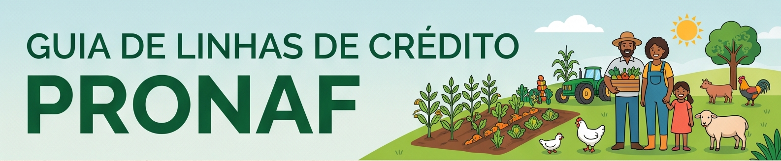 Banner para os créditos da PRONAF, com título em verde e cena rural com pessoas, plantações e trator.