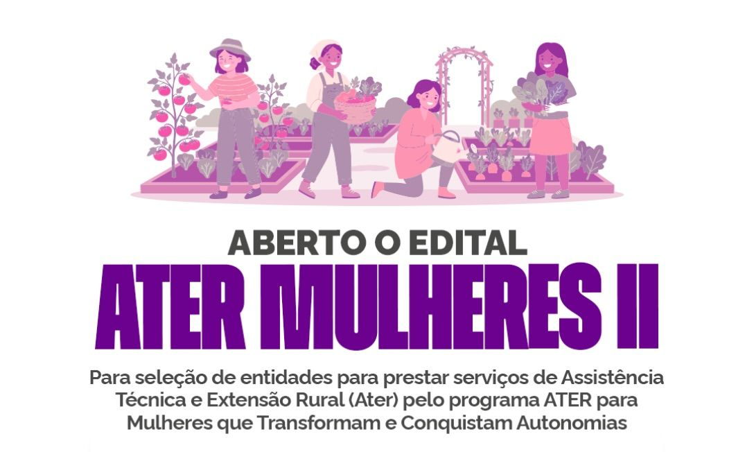 Cartaz rosa e roxo: “Aberto o edital Ater Mulheres II”, com ilustrações de mulheres na agricultura.