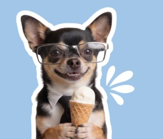 Chihuahua wearing glasses and a tie, holding an ice cream cone on a light blue background.