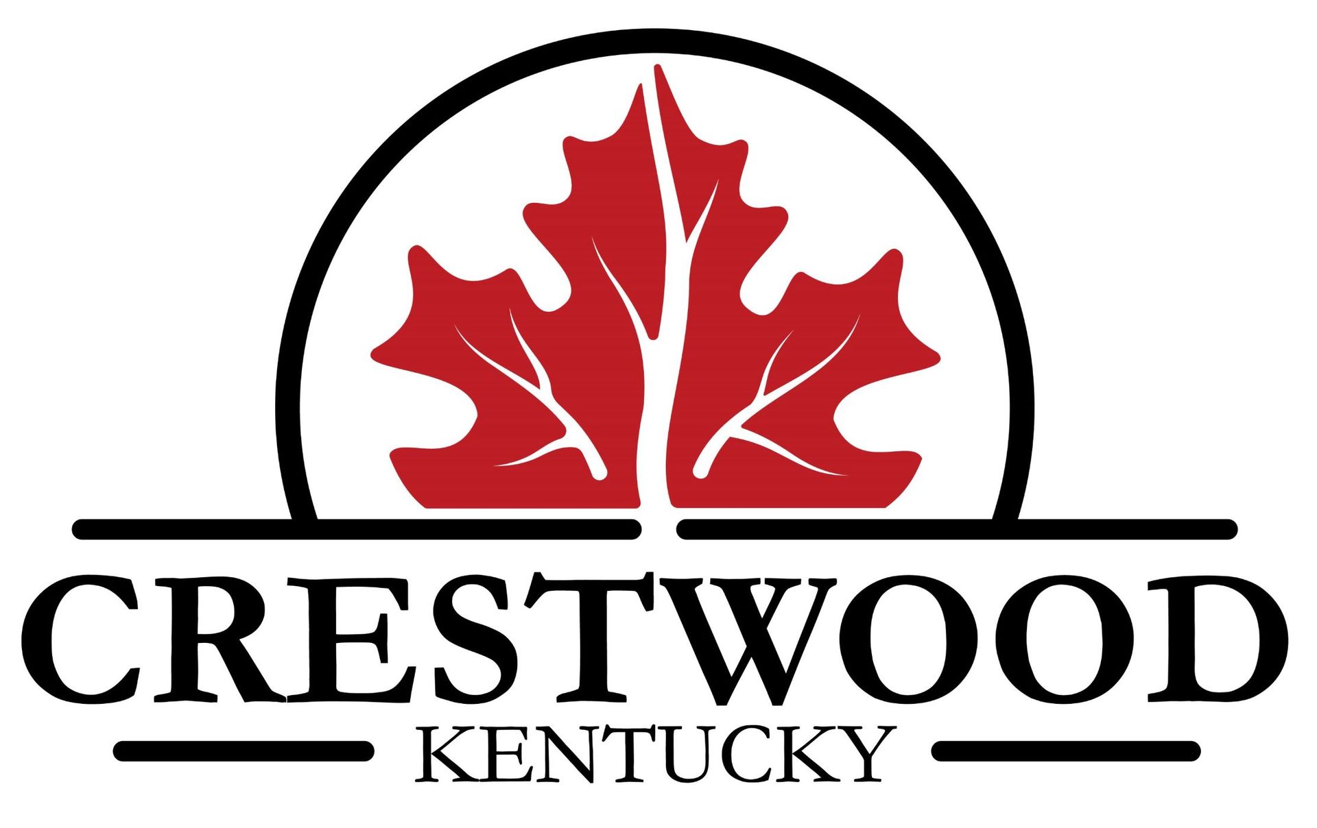 Crestwood, Kentucky logo with red maple leaf inside a black arch on a white background