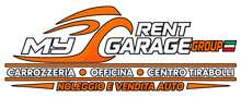 Logo di My Rent Garage Group con grafica di un'auto arancione e testo in italiano per carrozzeria, 