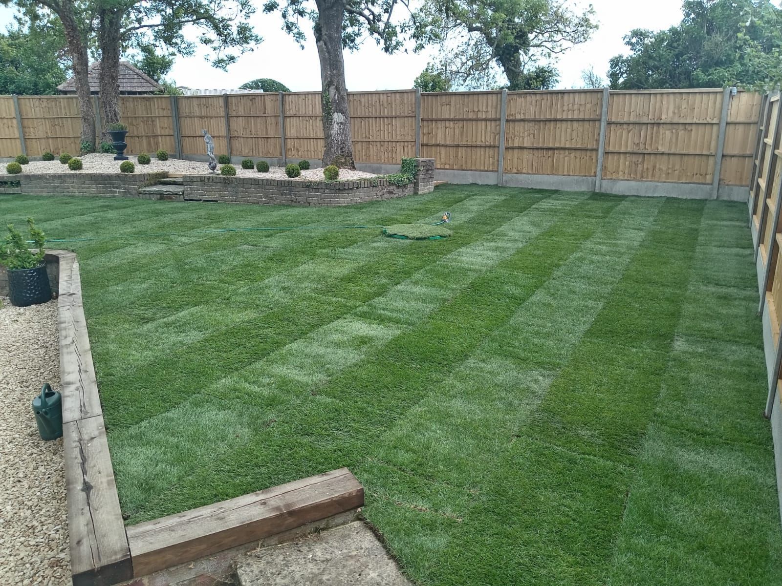 Freshly striped green backyard lawn bordered by a wooden fence and small garden beds