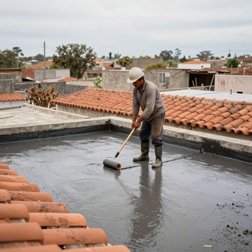 Rodillo aplicando impermeabilizante blanco en azotea