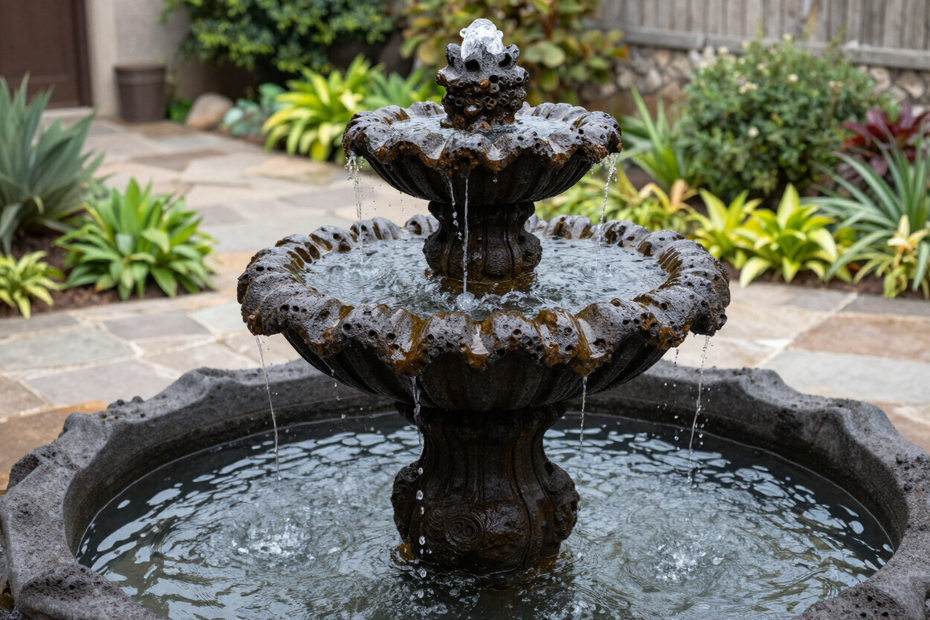Fontana in pietra scura con acqua in un cortile-giardino paesaggistico