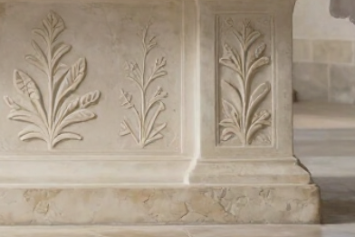 Base di altare in pietra scolpita con rilievi a foglia, in un interno beige chiaro.