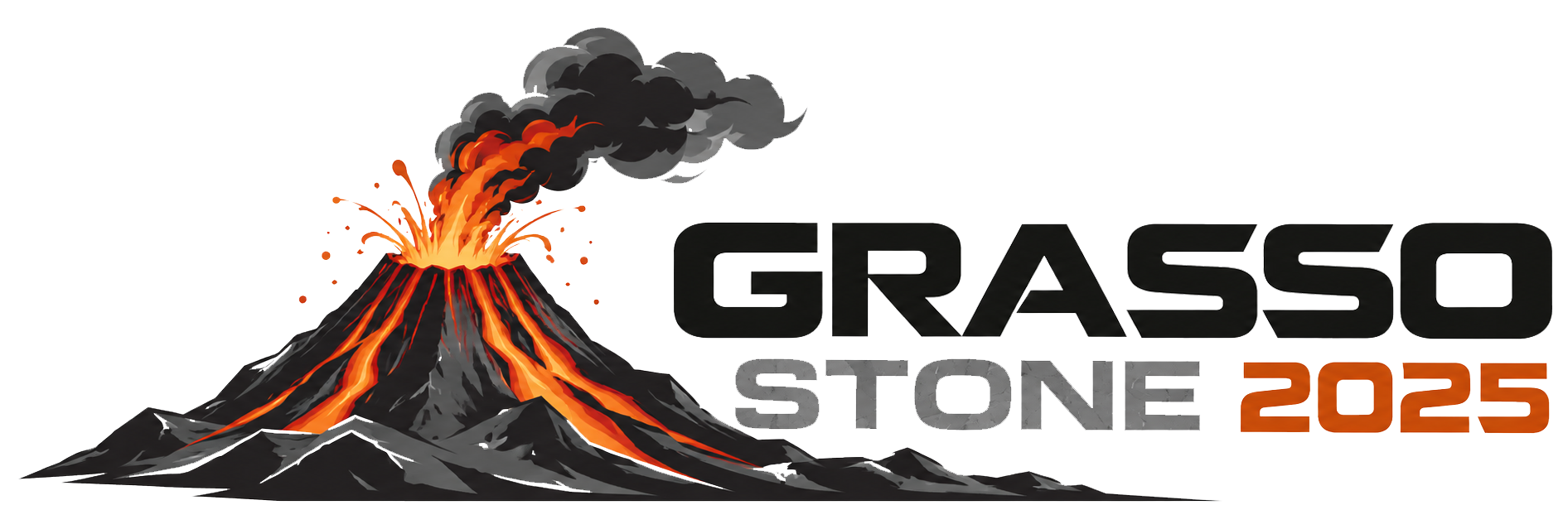 Logo GRASSO STONE 2025 con un vulcano in eruzione e fumo nero su sfondo bianco