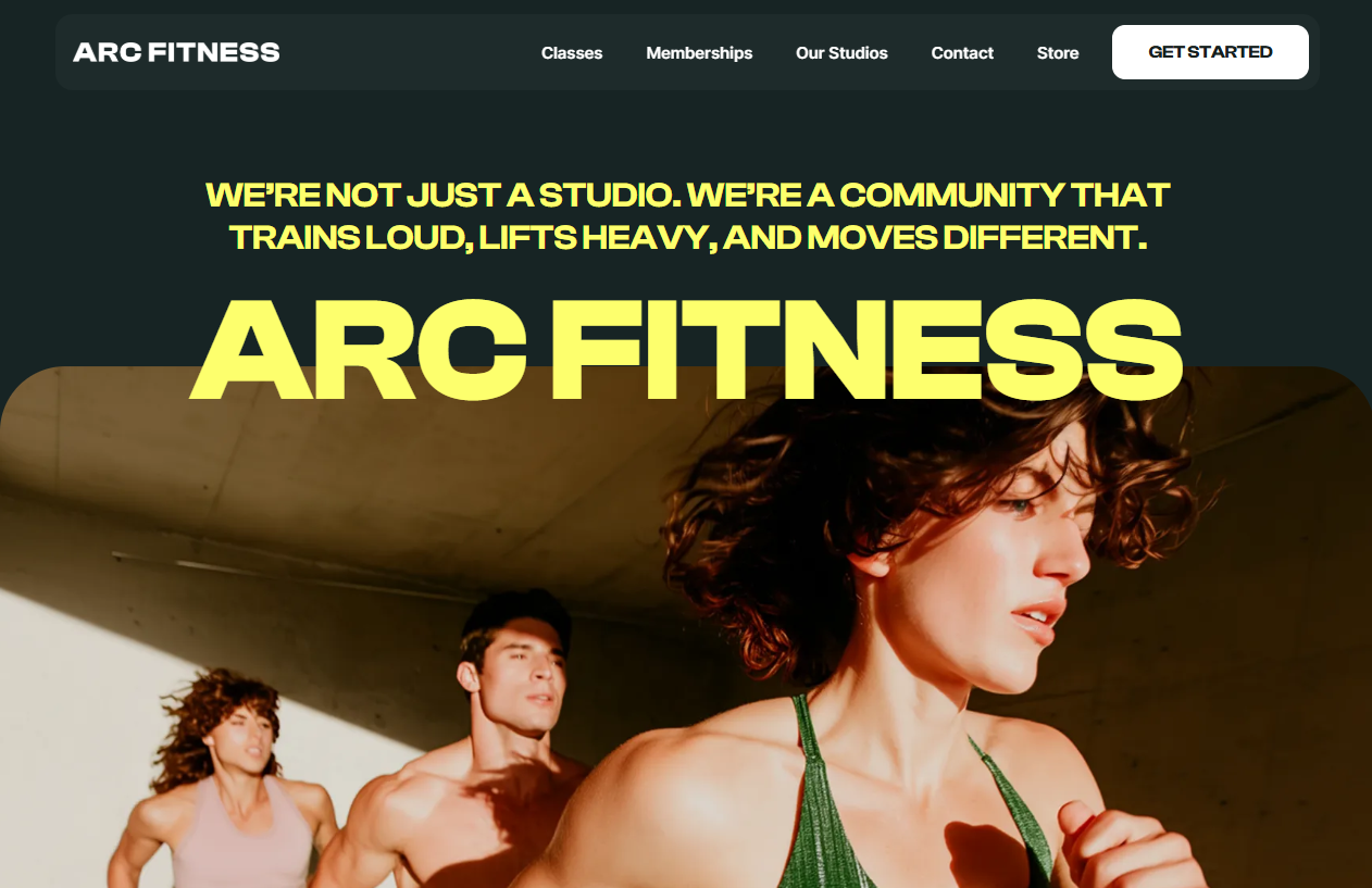 ARC FITNESS website homepage with bold yellow logo and people exercising against a warm sunset background