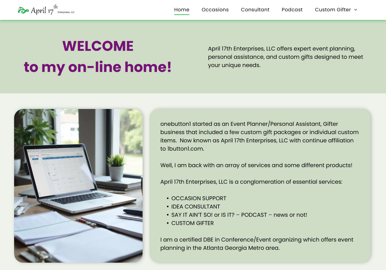 Website homepage, purple welcome text, laptop, desk, light green background.