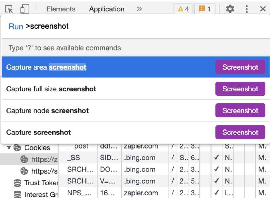Screenshot tool menu with screenshot options: area, full size, node, and capture.