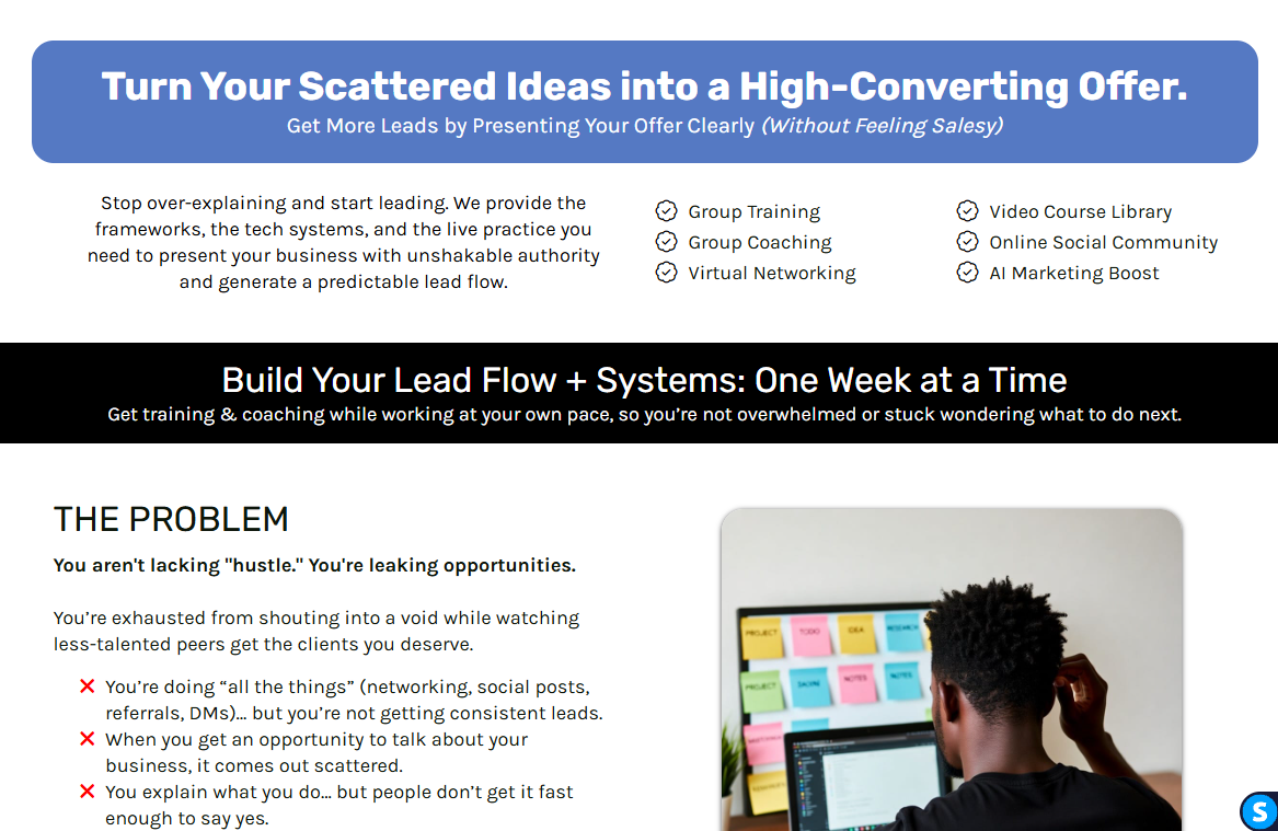 Landing page with blue header, white text, and a person working at a computer with colorful sticky notes