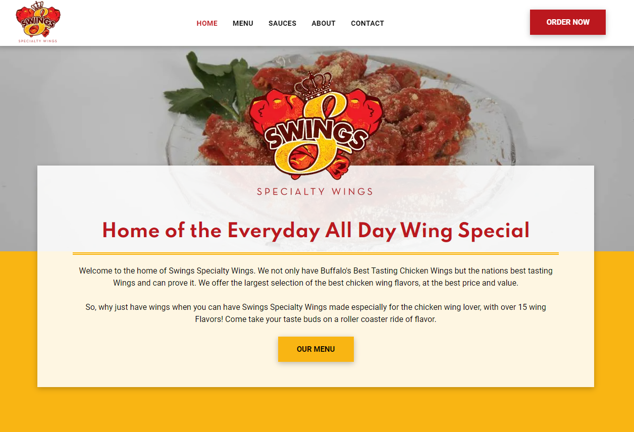 A screenshot of the home of the everyday all day wing special website.
