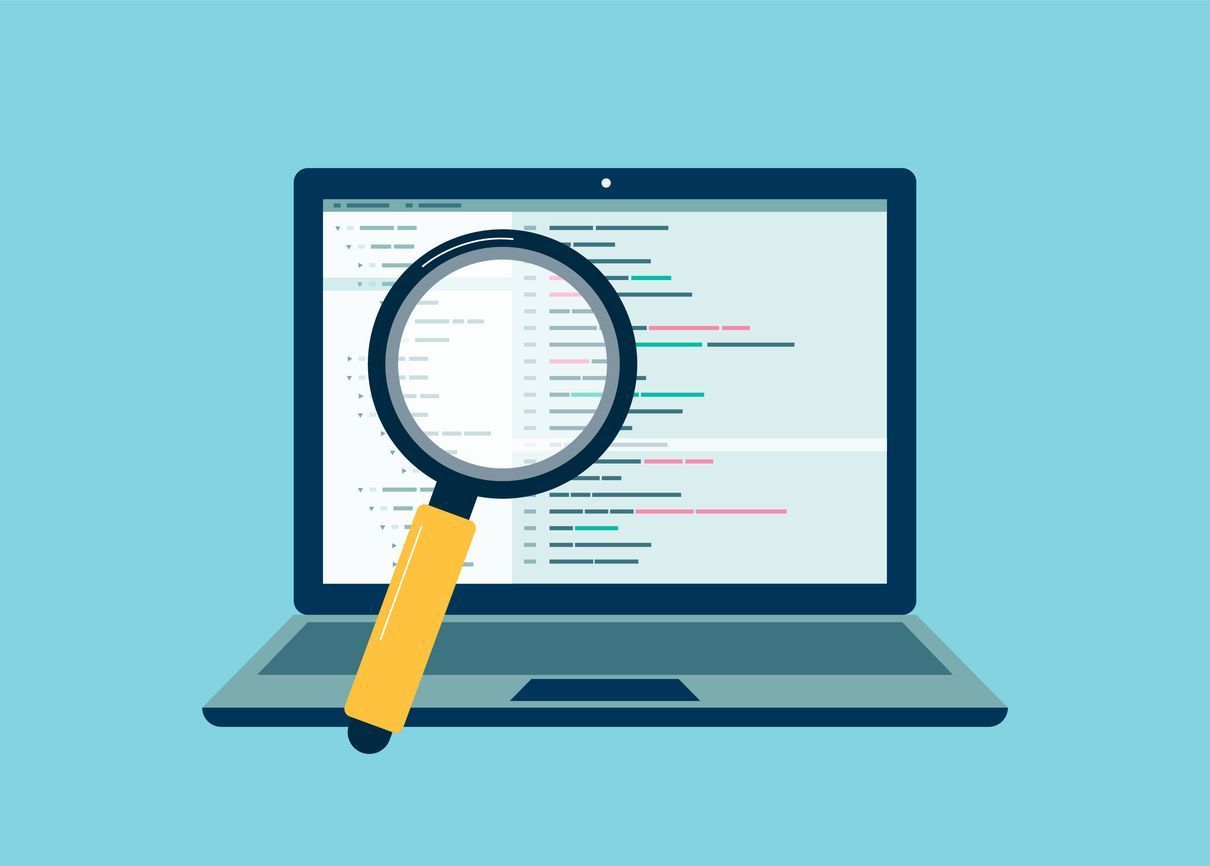 Laptop screen with code, being examined with a magnifying glass; blue background.