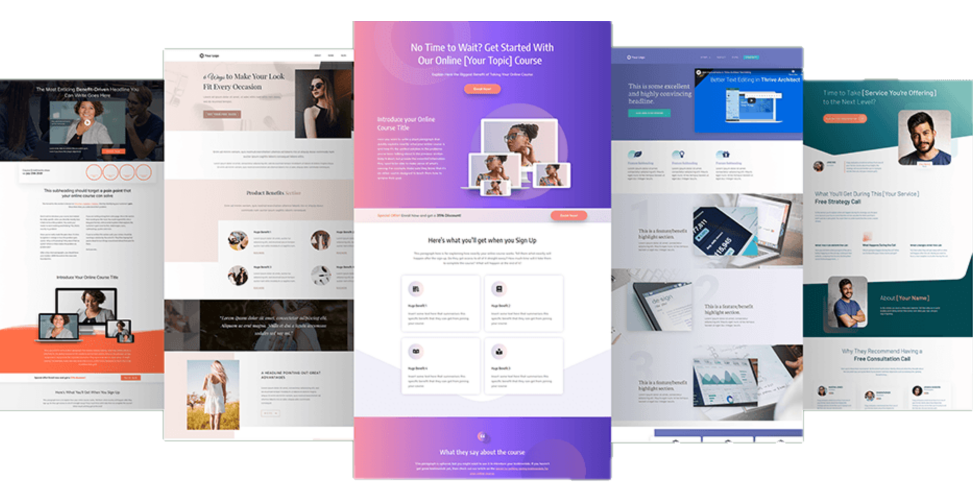 Mockups of several website landing pages, featuring various designs and content layouts.