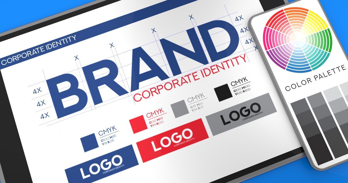 Tablet showing a brand identity guide, color palette, and logo examples in blue, red, grey, and black.
