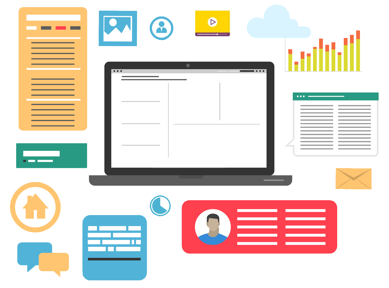 Laptop surrounded by various interface elements, icons, and graphs; representing website or software design.