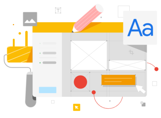 Web design interface with pencil, text, and layout elements, possibly for website creation.