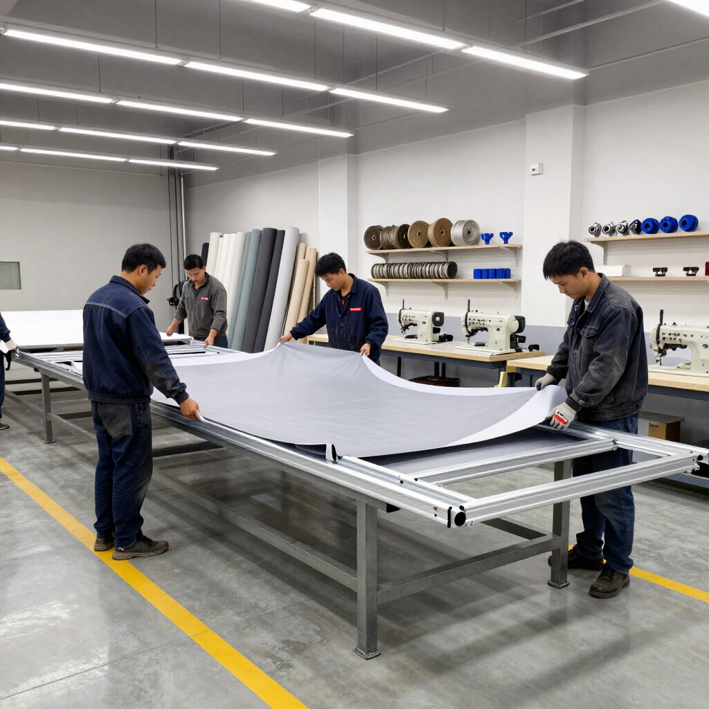 Trabajadores en una fábrica estirando una gran tela blanca sobre una mesa de metal.