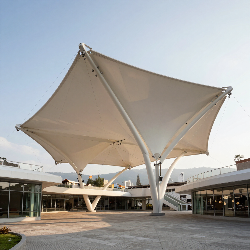 Grandes estructuras blancas de toldos tensados ​​en un patio abierto bajo un cielo despejado.