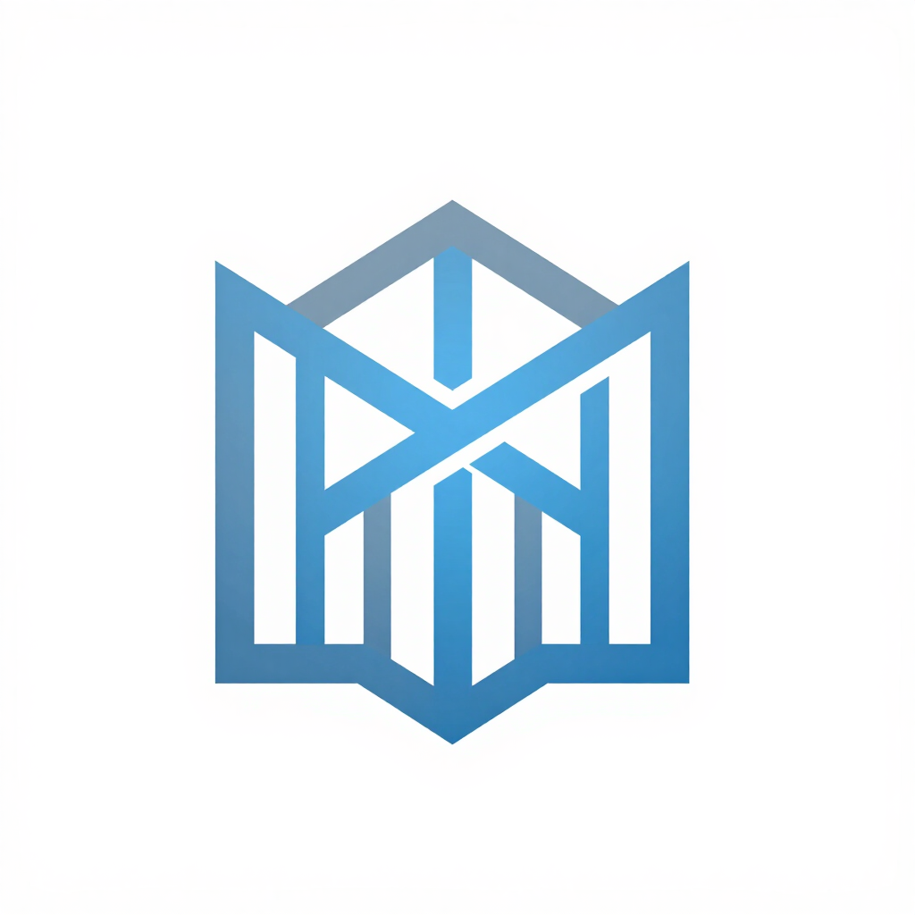 Logotipo geométrico azul con una letra M estilizada sobre un fondo blanco.