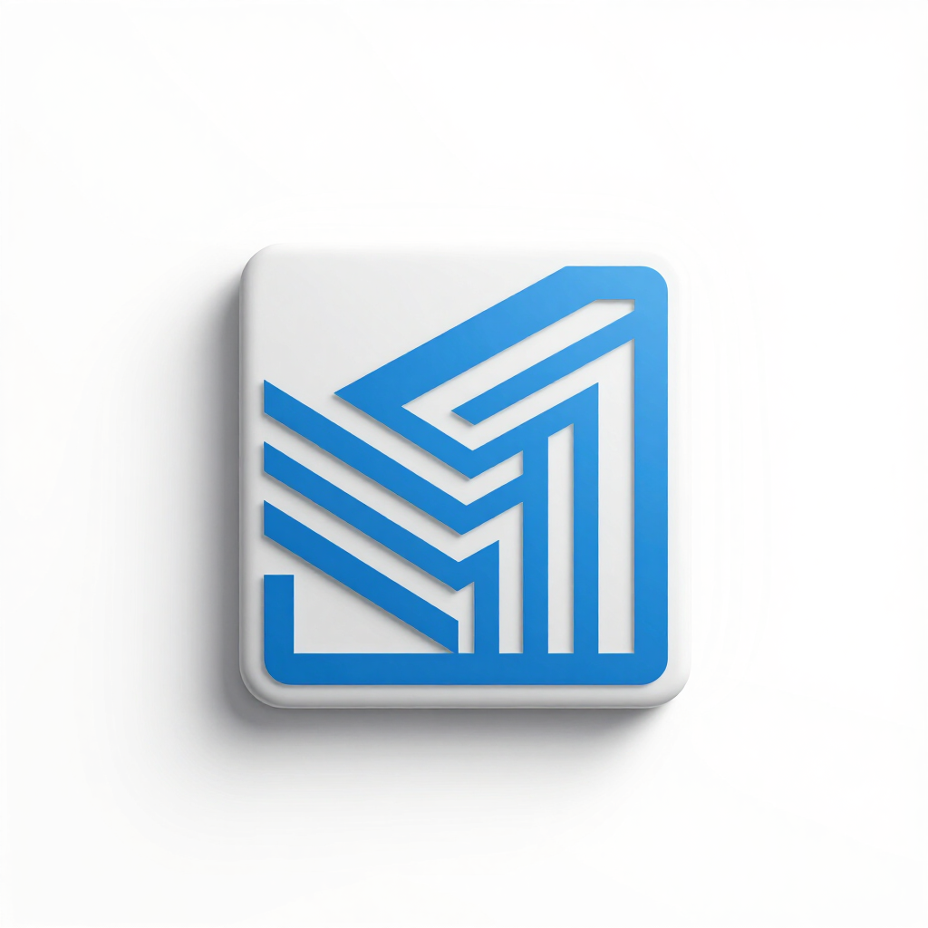 Logotipo geométrico azul dentro de un cuadrado blanco redondeado con sombra proyectada.