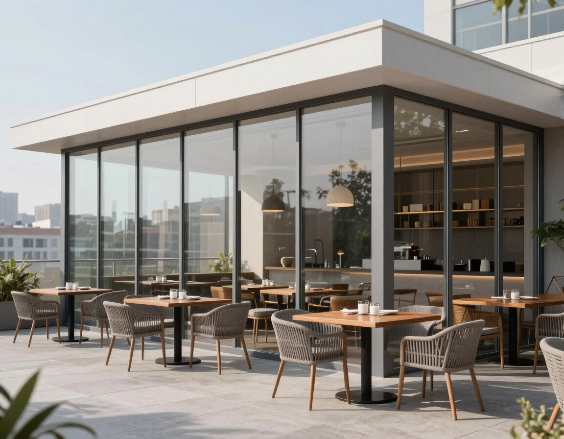Cafetería moderna en la azotea con paredes de cristal, mesas al aire libre y sillas de mimbre, bañada por la luz del día.
