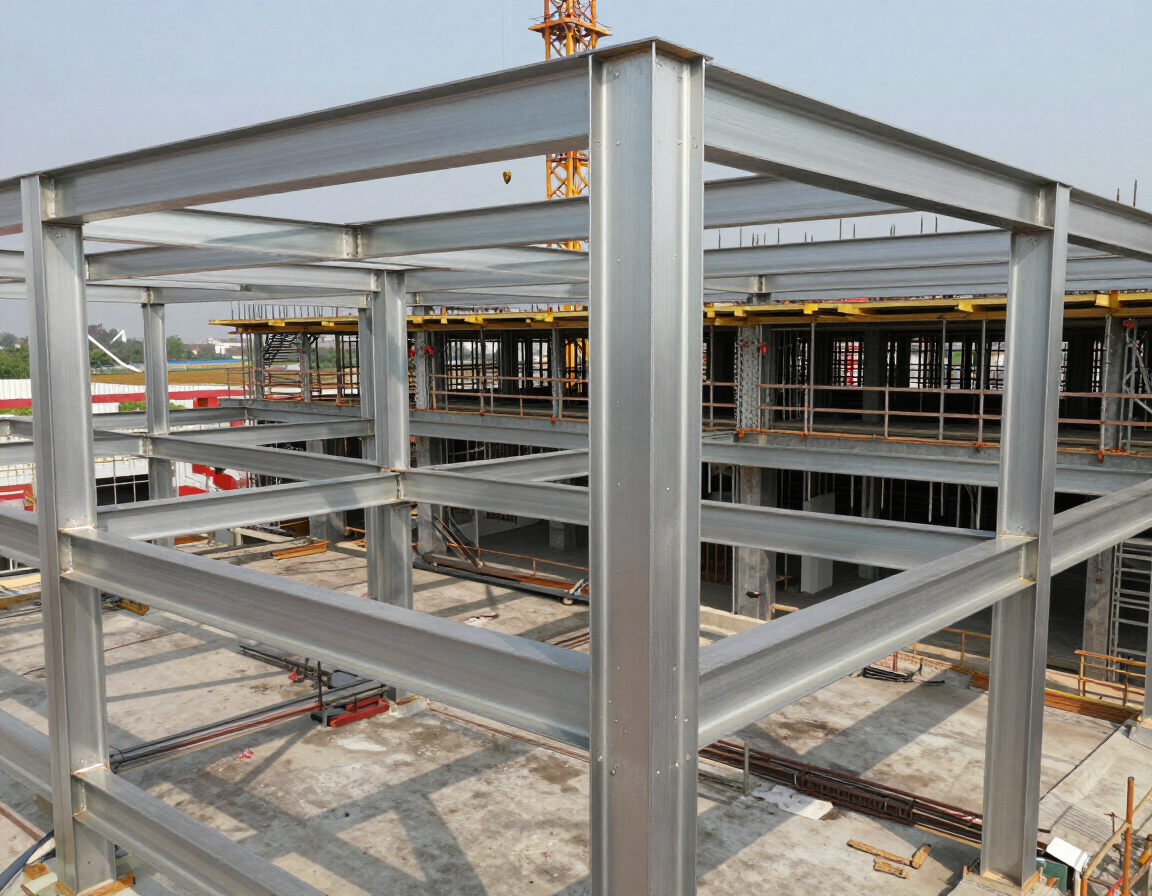 Estructura de acero en construcción en una obra, con grúas y estructura de hormigón al fondo.